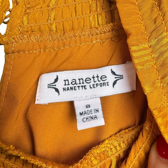 Nanette Lepore Mustard Gold Sparkle Stripes Smocked Neck 3/4 Sleeve Midi Dress - Picture 10 of 11